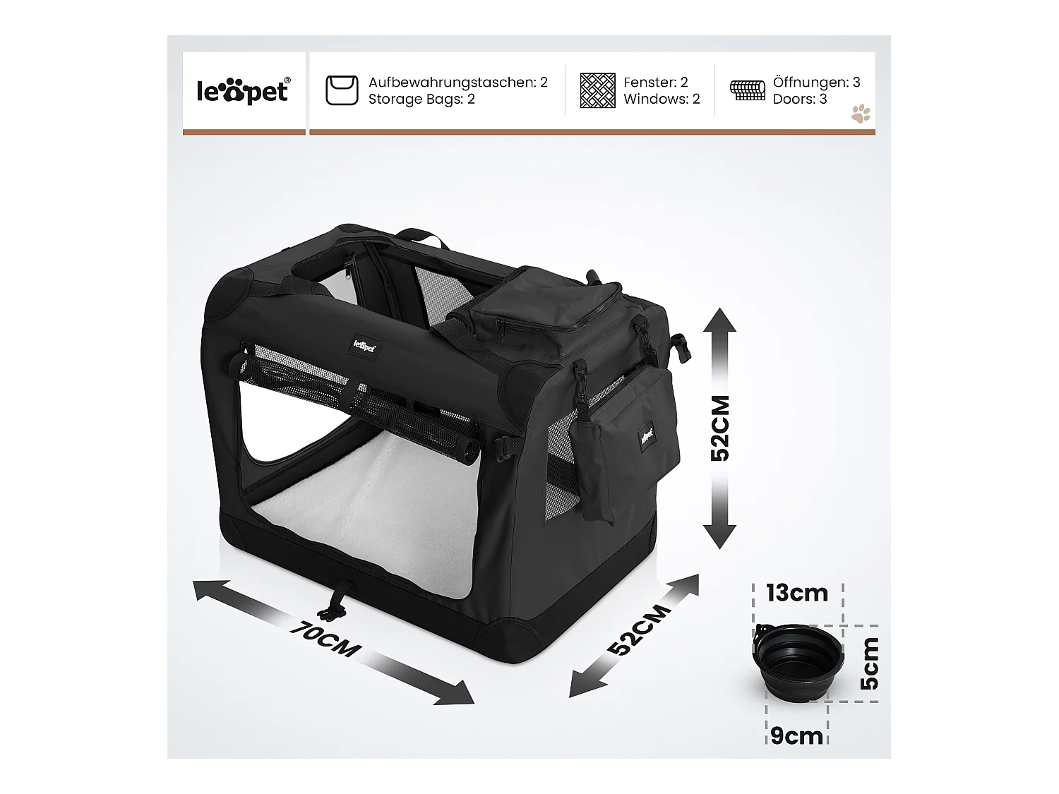 Floraya - Transport Pour Chien L - 70x52x52 cm - Noir
