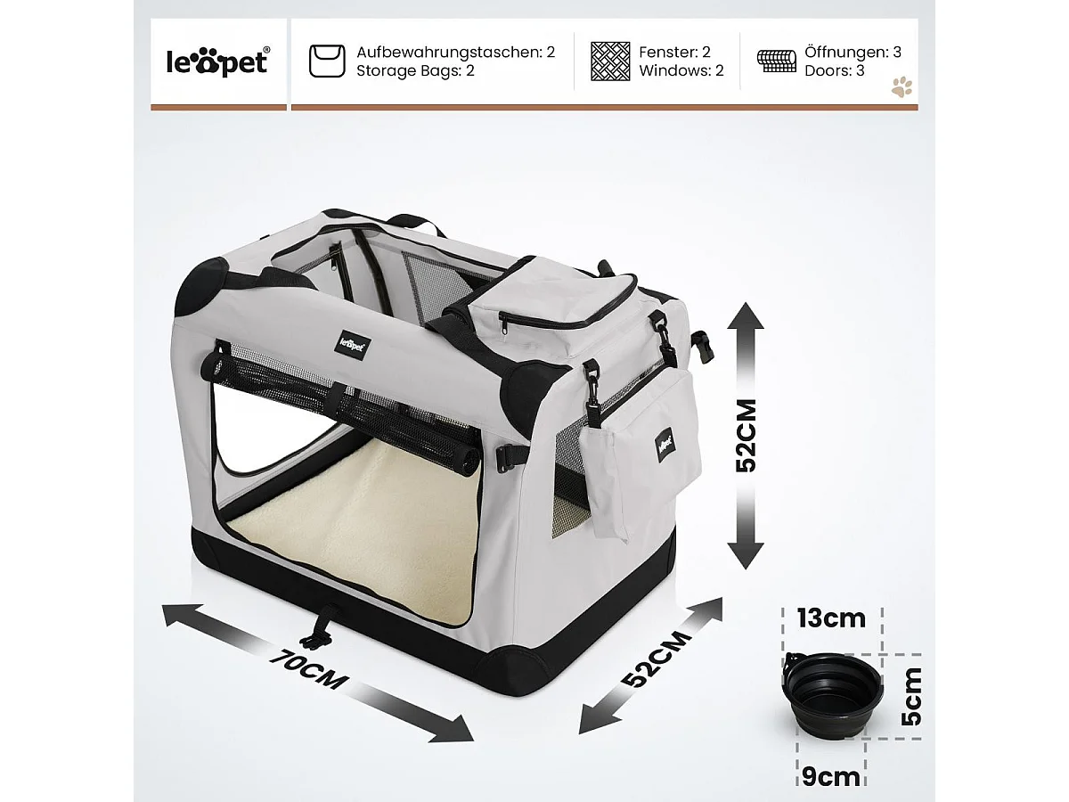 Floraya - Reistas voor honden en katten L - 70x52x52 cm - Grijs