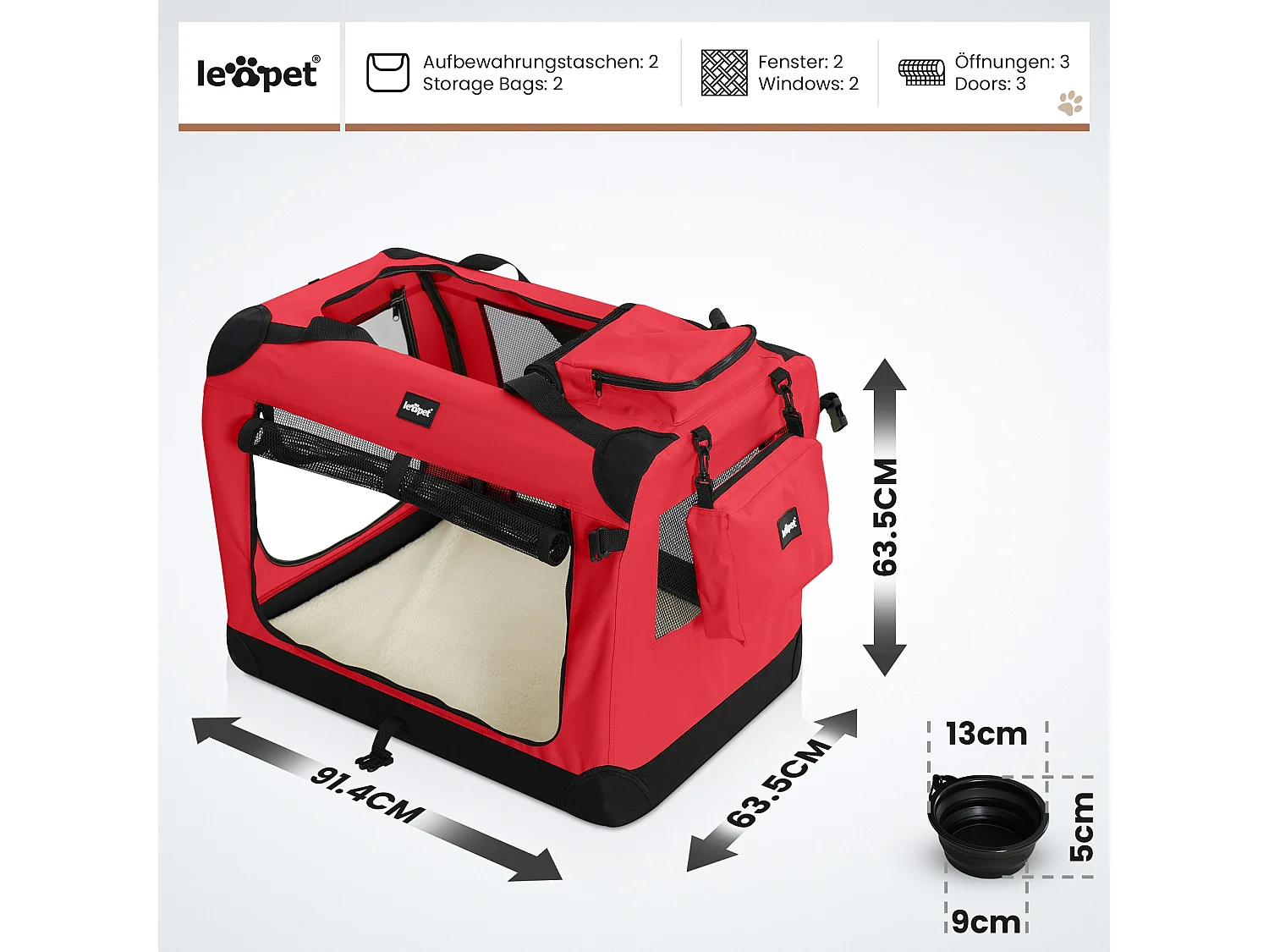Floraya - Transport Pour Chien XXL - 91.4 x 63.5 x 63.5 cm - Rouge
