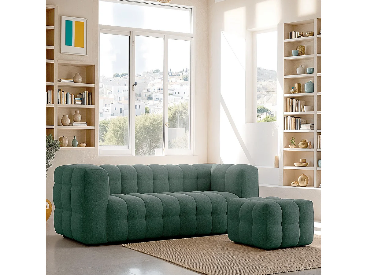 Pouf capitonné en tissu chenille vert - Cester