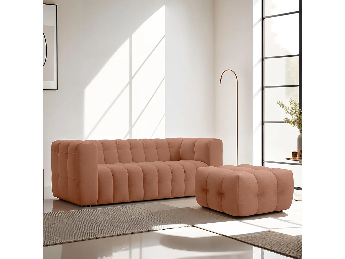 Pouf capitonné en tissu chenille terracotta - Cester