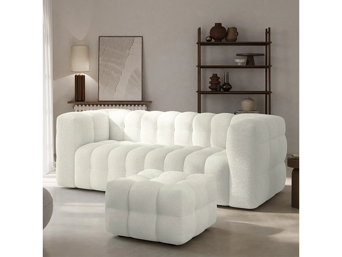 Pouf capitonné en tissu bouclé beige - Cester