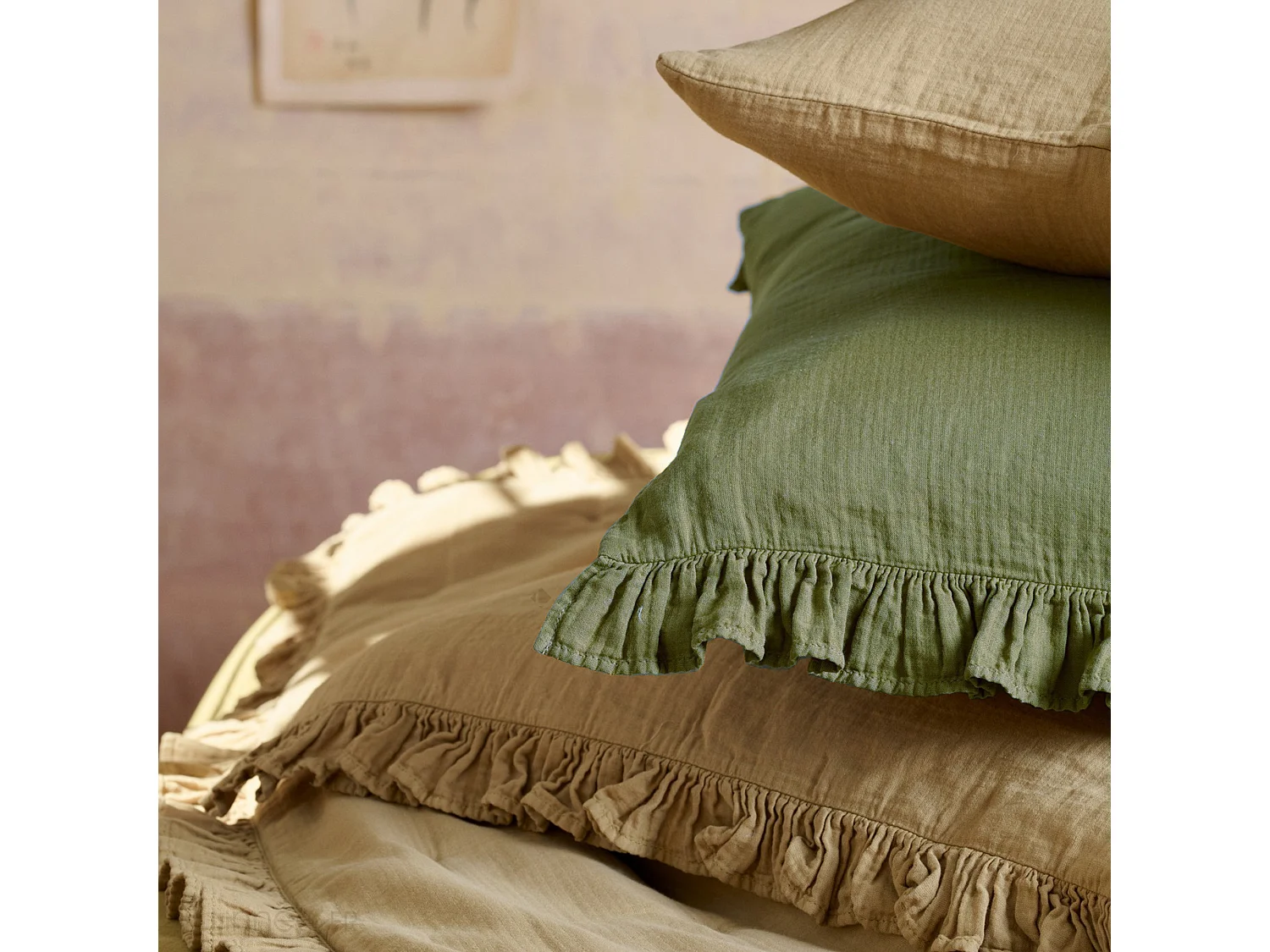 Housse de coussin en mousseline de coton 40x60 cm cm + 5 cm ELZA vert mousse