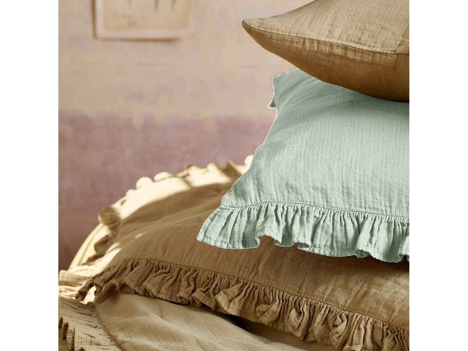 Housse de coussin en mousseline de coton 40x60 cm cm + 5 cm ELZA gris lichen