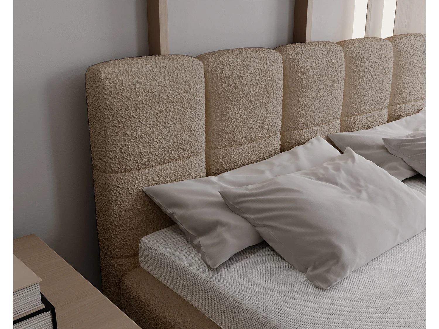 Emporius Lit double 160x200 Kastilo - Lit avec pieds, Sommier à Lattes,Tête de Lit, rangement - lit 160 x 200 Bouclé Beige (Anthology 4)