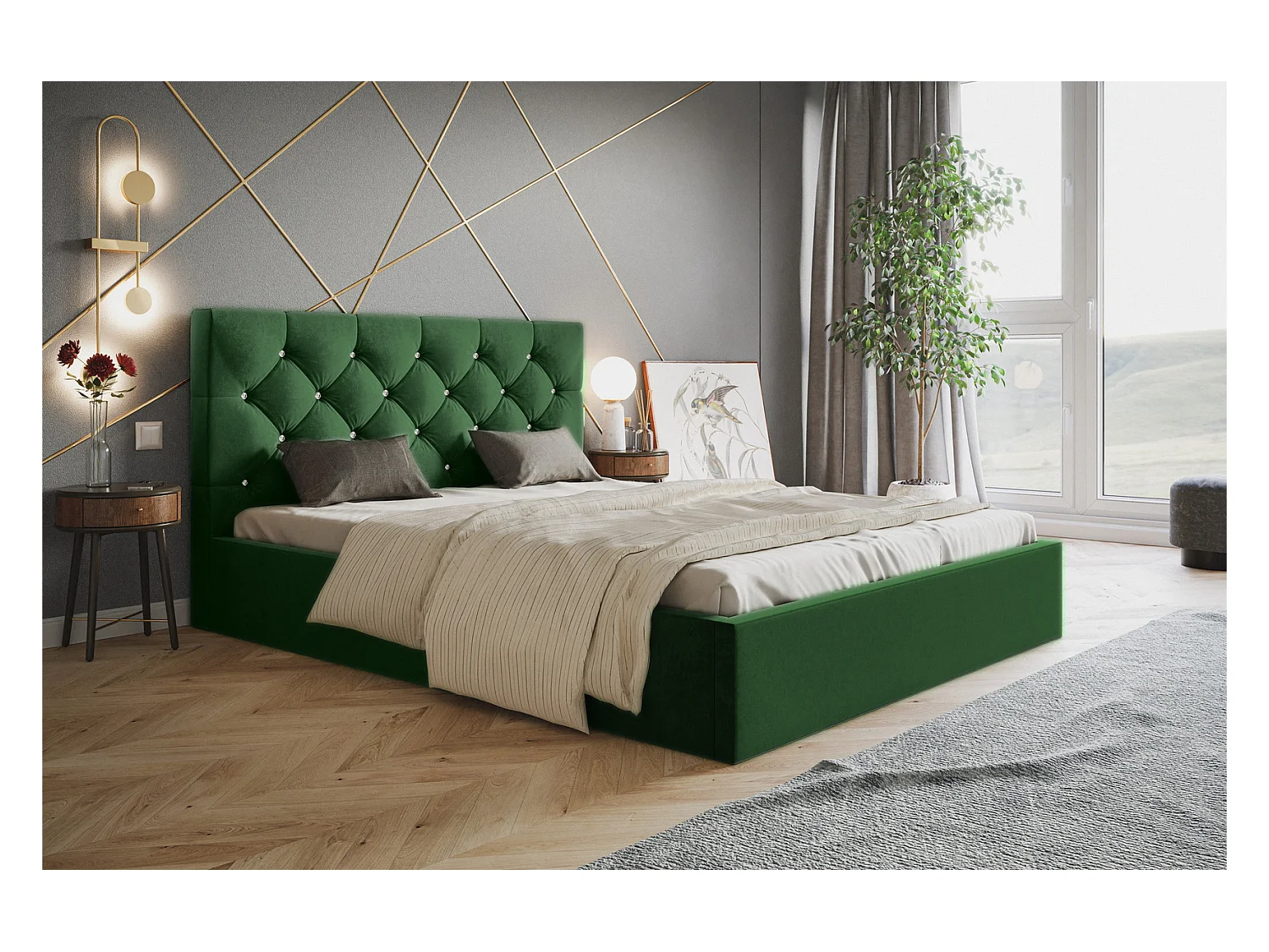 Emporius Lit double 160 x 200 Molly - Lit avec Rangment, Lit adulte Vert (Amor Velvet 4311)