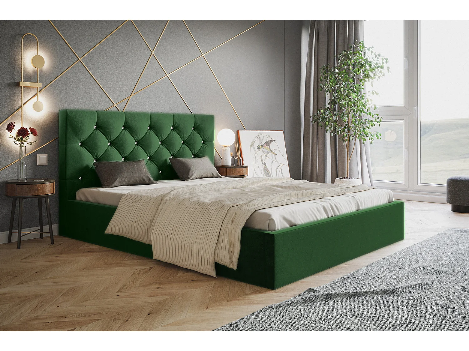 Emporius Lit double 160 x 200 Molly - Lit avec Rangment, Lit adulte Vert (Amor Velvet 4311)