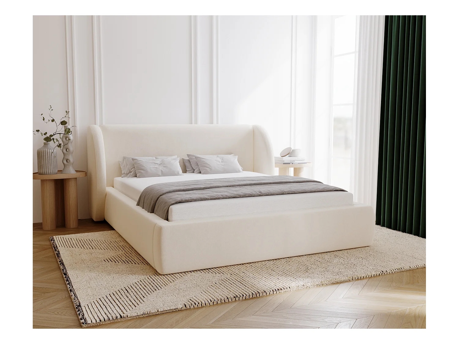 Emporius Lit double 140x200 Barcelona, Lit capitonné avec tête de lit arrondie, lit 140 x 200 Crème (Komodo 10)