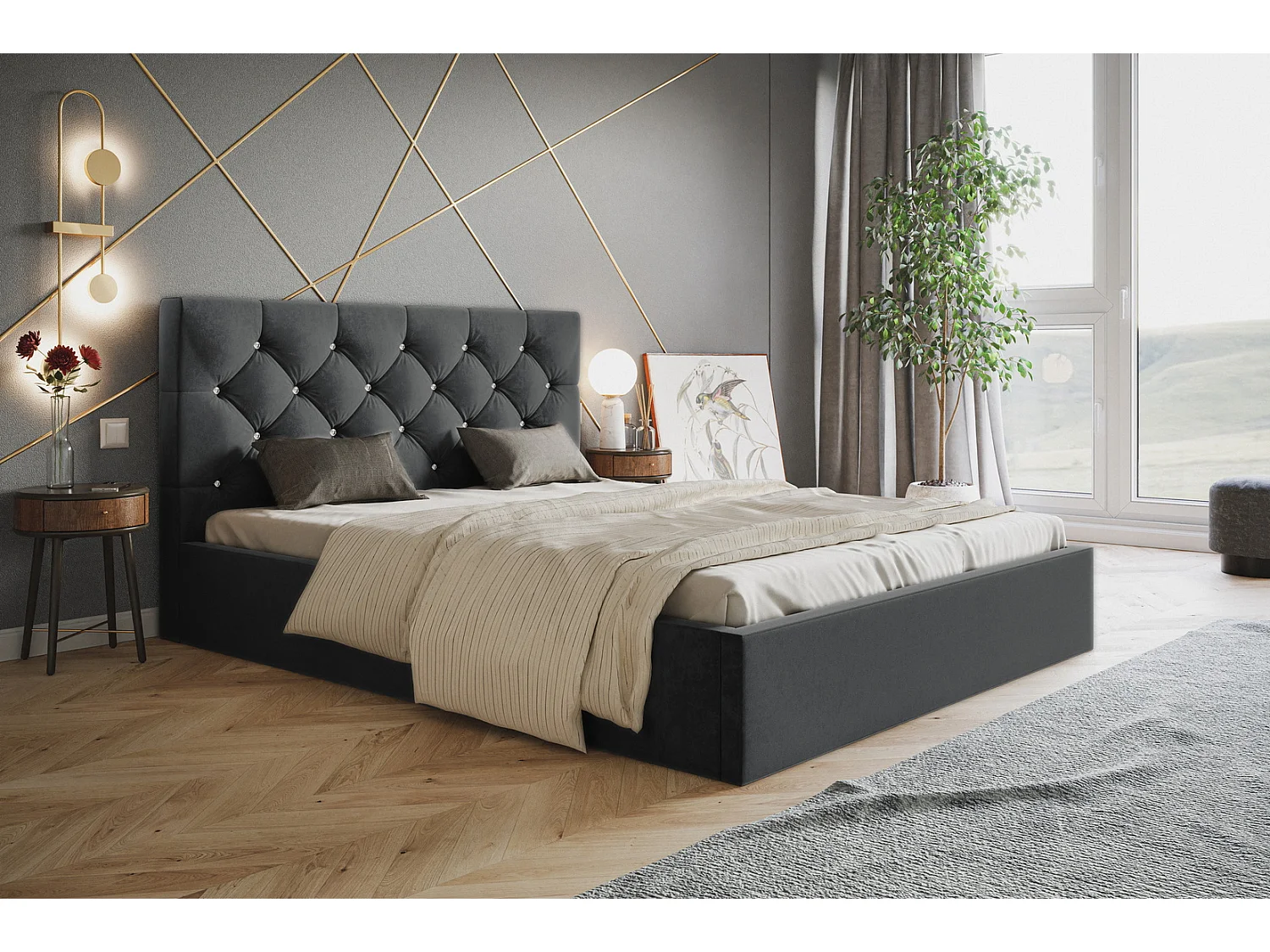 Emporius Lit double 180 x 200 Molly - Lit avec Rangment, Lit adulte Gris foncé (Amor Velvet 4321)