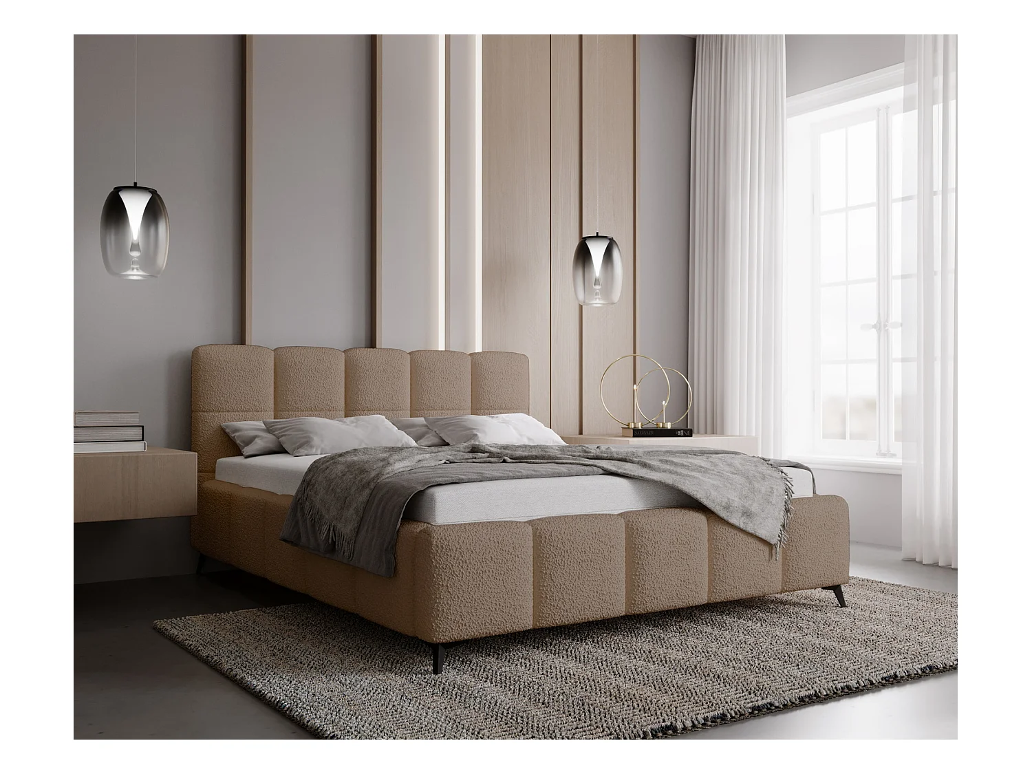 Emporius Lit double 200x200 Kastilo - Lit avec pieds, Sommier à Lattes,Tête de Lit, rangement - lit 200 x 200 Bouclé Beige (Anthology 4)