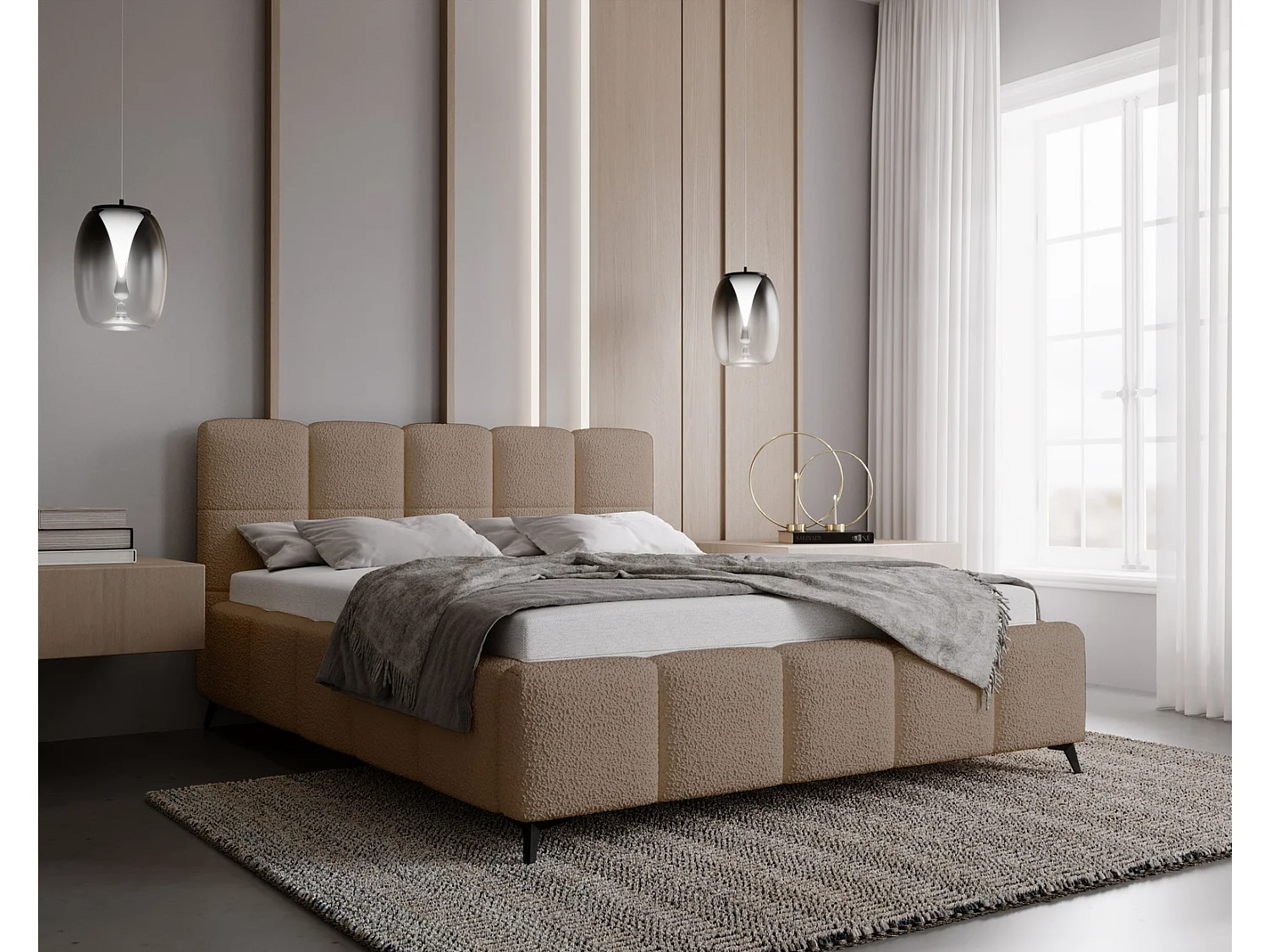 Emporius Gestoffeerd bed 200x200 met lattenbodem Kastilo - luxe bed, tweepersoonsbed Bouclé Beige (Anthology 4)