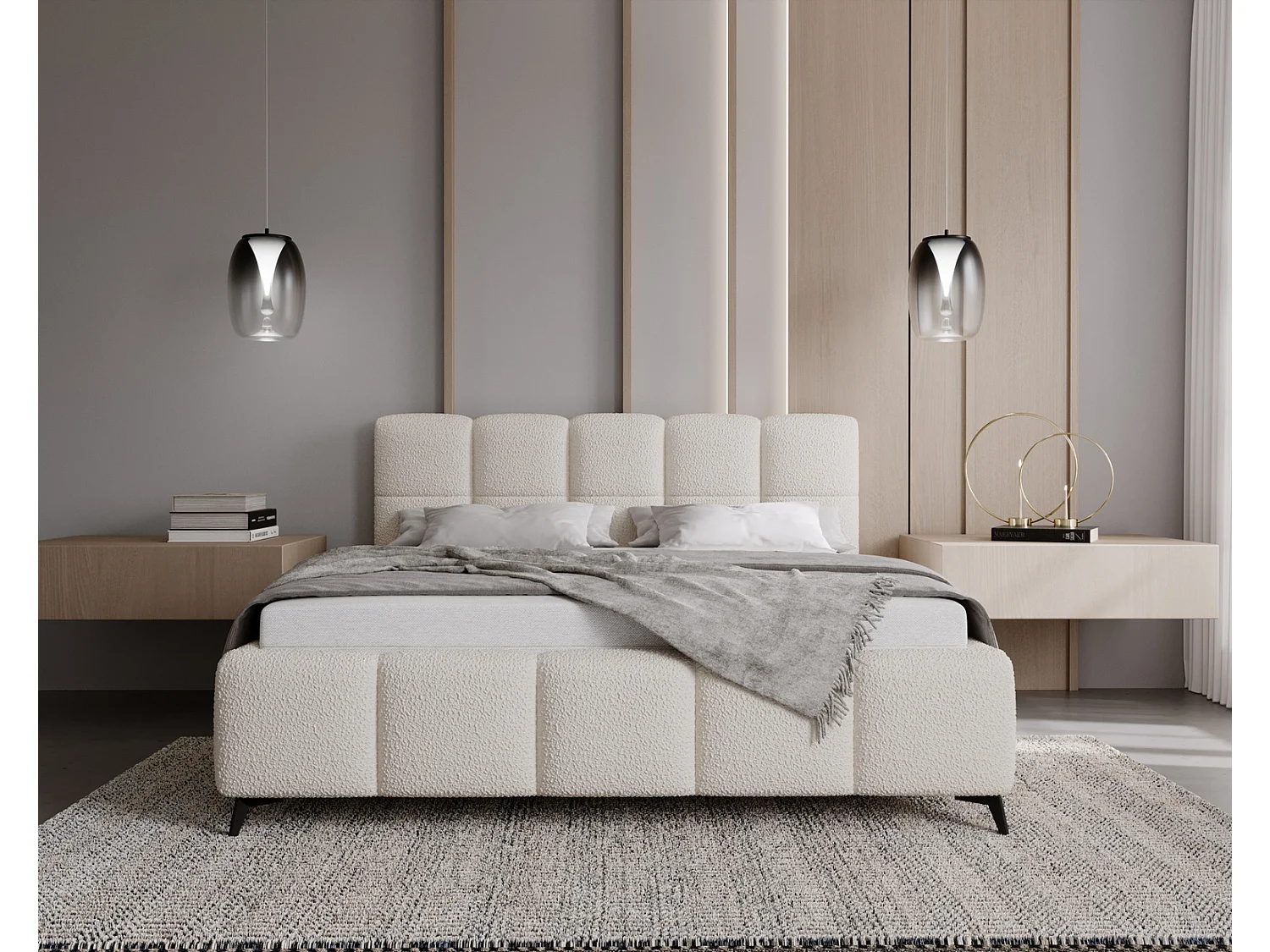 Emporius Gestoffeerd bed 200x200 met lattenbodem Kastilo - luxe bed, tweepersoonsbed Bouclé Crème (Anthology 1)