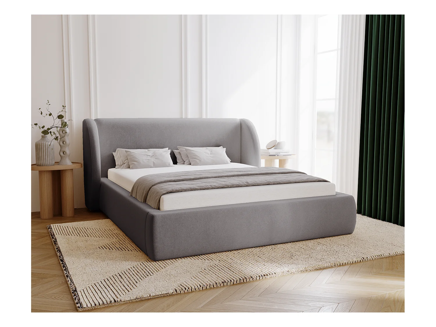 Emporius Lit double 140x200 Barcelona, Lit capitonné avec tête de lit arrondie, lit 140 x 200 Gris (Komodo 21)