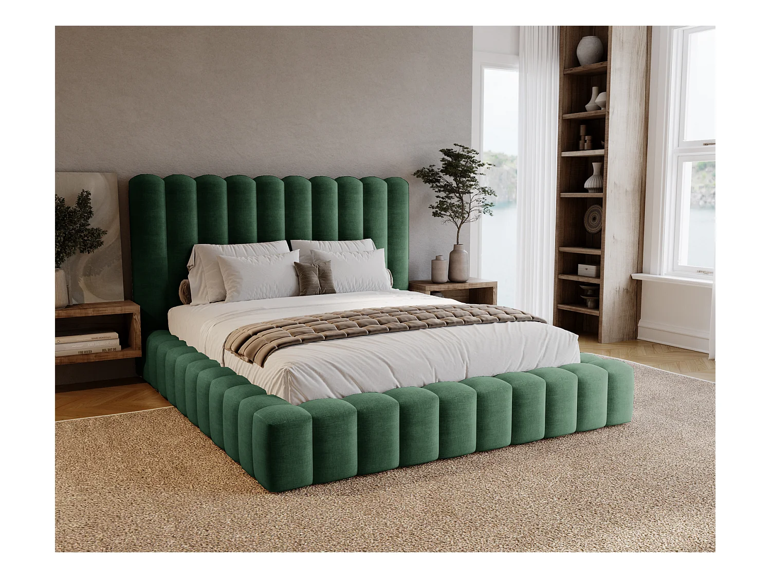 Emporius Lit double 180 x 200 Elise - Lit capitonné avec cadre, Rangement, Vert (Ikoo 13)
