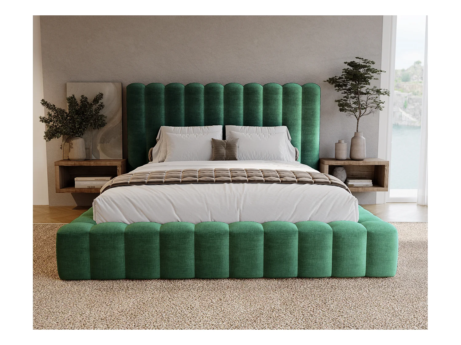Emporius Lit double 180 x 200 Elise - Lit capitonné avec cadre, Rangement, Vert (Ikoo 13)