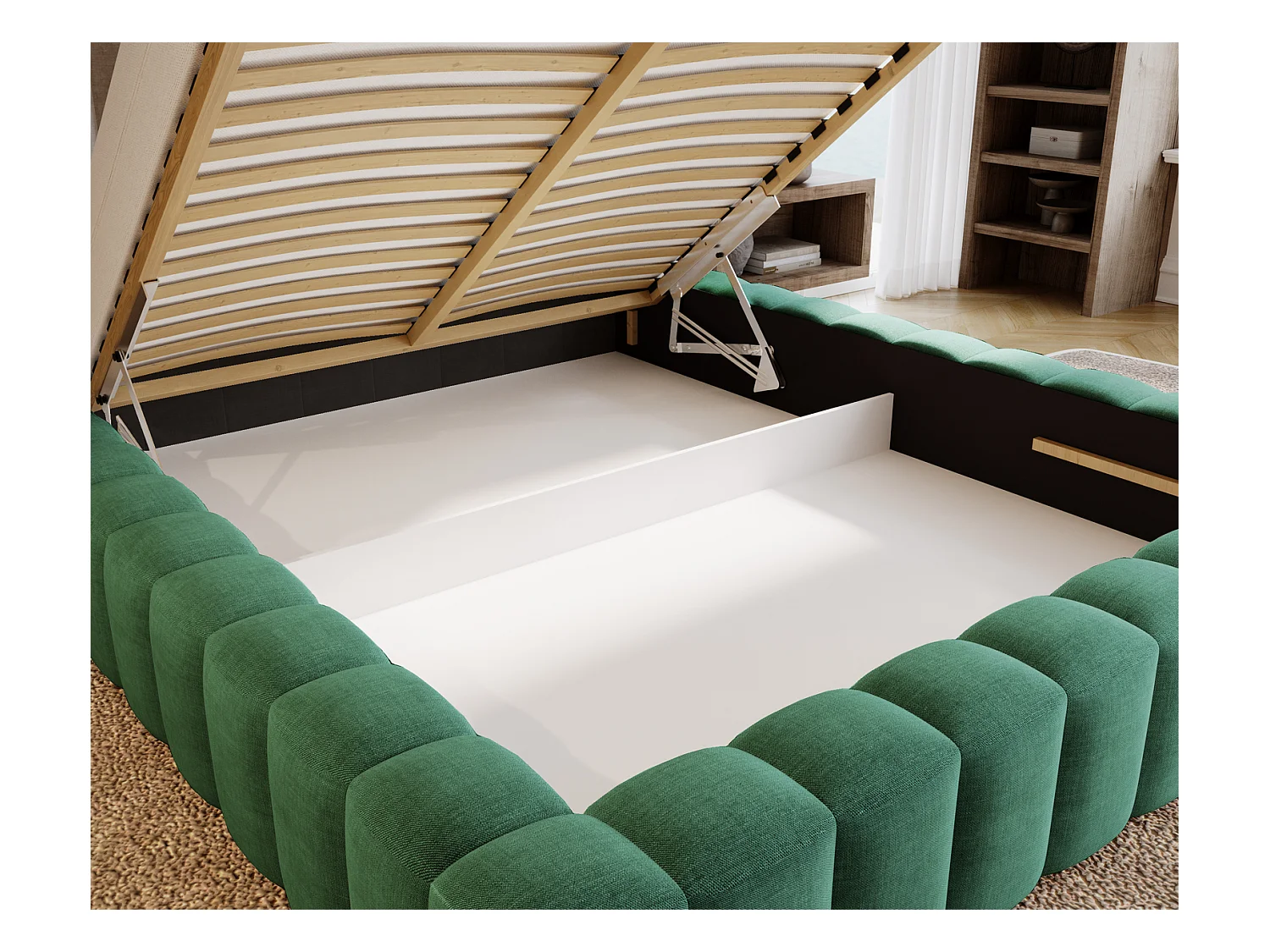Emporius Lit double 180 x 200 Elise - Lit capitonné avec cadre, Rangement, Vert (Ikoo 13)