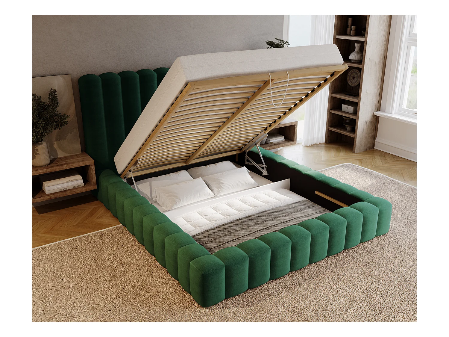 Emporius Lit double 180 x 200 Elise - Lit capitonné avec cadre, Rangement, Vert (Ikoo 13)