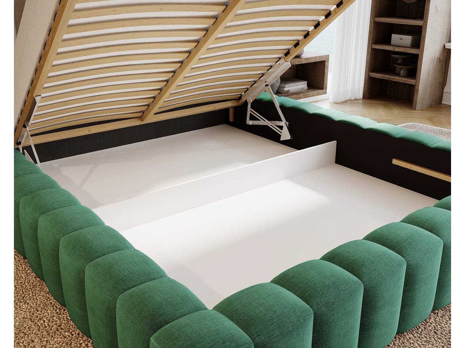 Emporius Lit double 180 x 200 Elise - Lit capitonné avec cadre, Rangement, Vert (Ikoo 13)