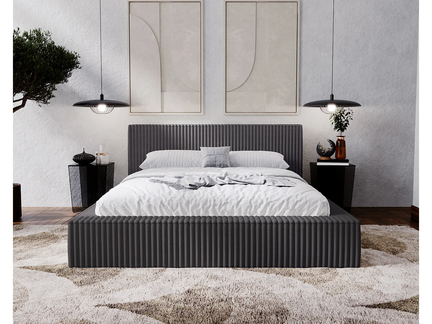 Emporius Lit avec cadre 140 x 200 Buffy - Lit capitonné avec Rangement, Tissu de fourrure, Gris foncé (Vito 18)