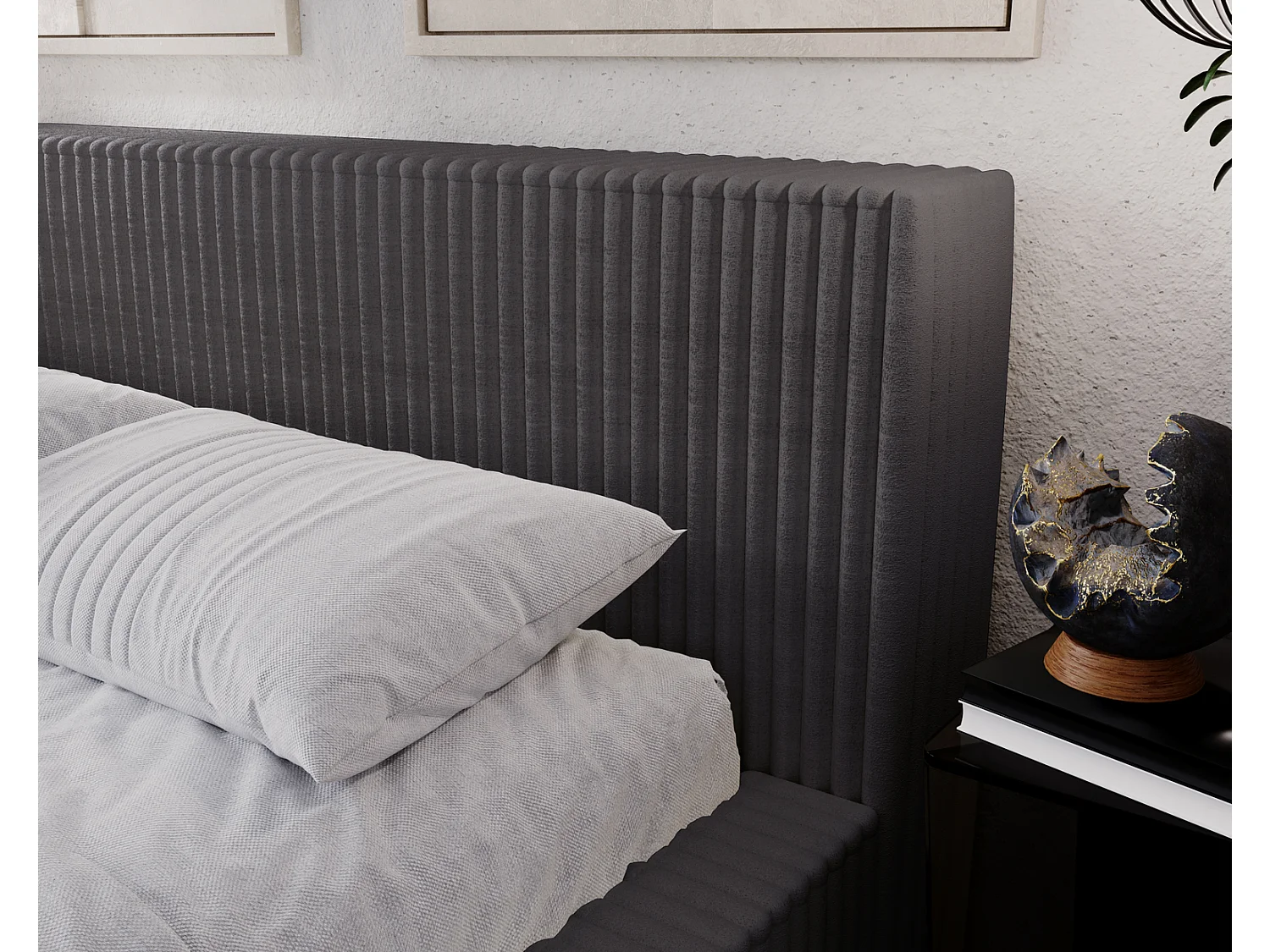 Emporius Lit avec cadre 140 x 200 Buffy - Lit capitonné avec Rangement, Tissu de fourrure, Gris foncé (Vito 18)