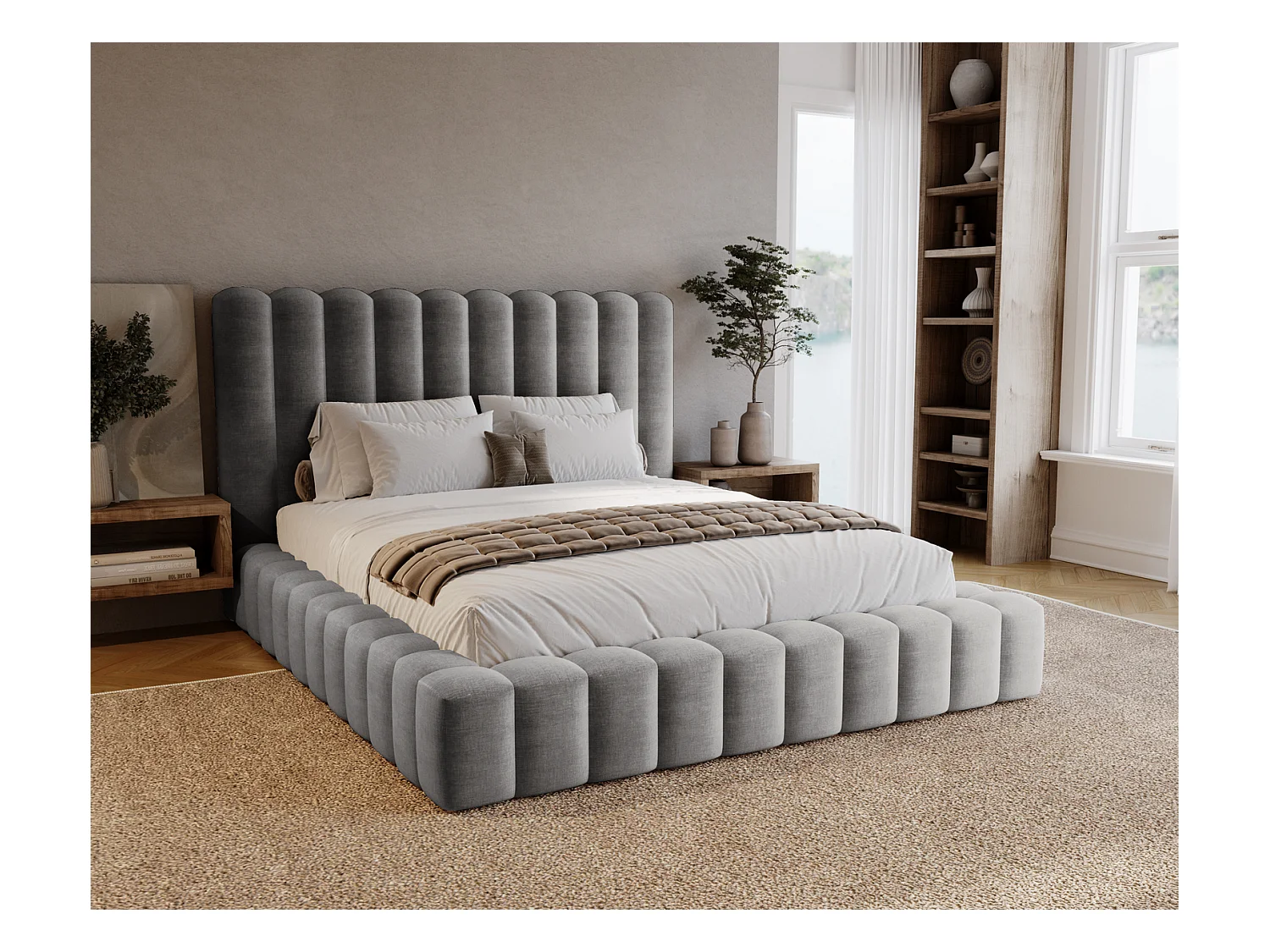 Emporius Lit double 160 x 200 Elise - Lit capitonné avec cadre, Rangement, Gris (Ikoo 20)