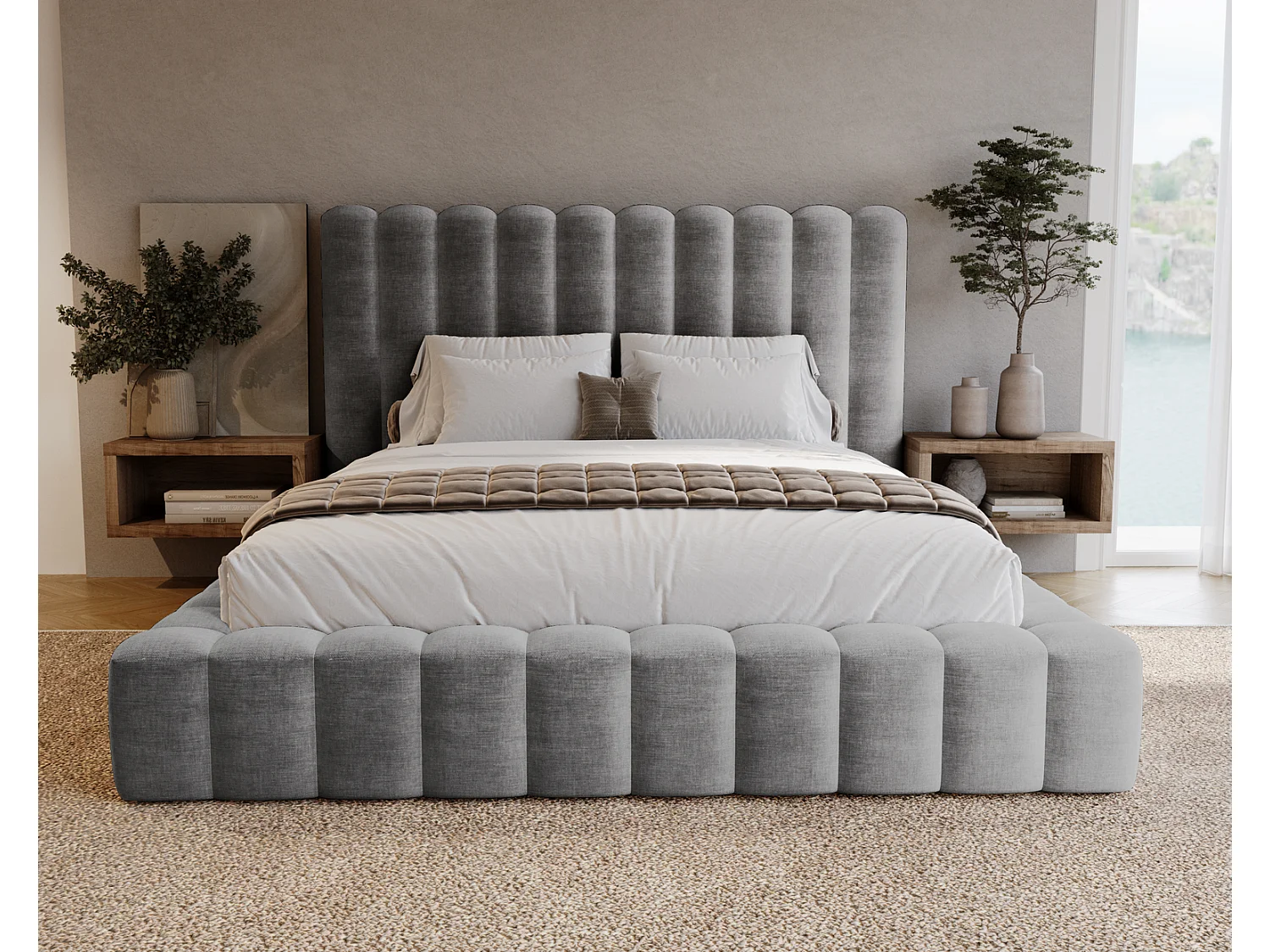 Emporius Polsterbett 140x200 Pearl, Doppelbett, Bettkasten, Lattenrost - Velvet Grau (Amor Velvet 4318)