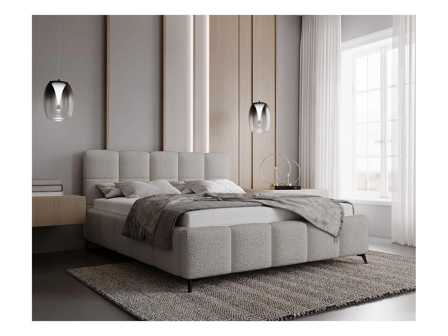 Emporius Gestoffeerd bed 140x200 met lattenbodem Kastilo - luxe bed, tweepersoonsbed Bouclé Lichtgrijs (Anthology 15)