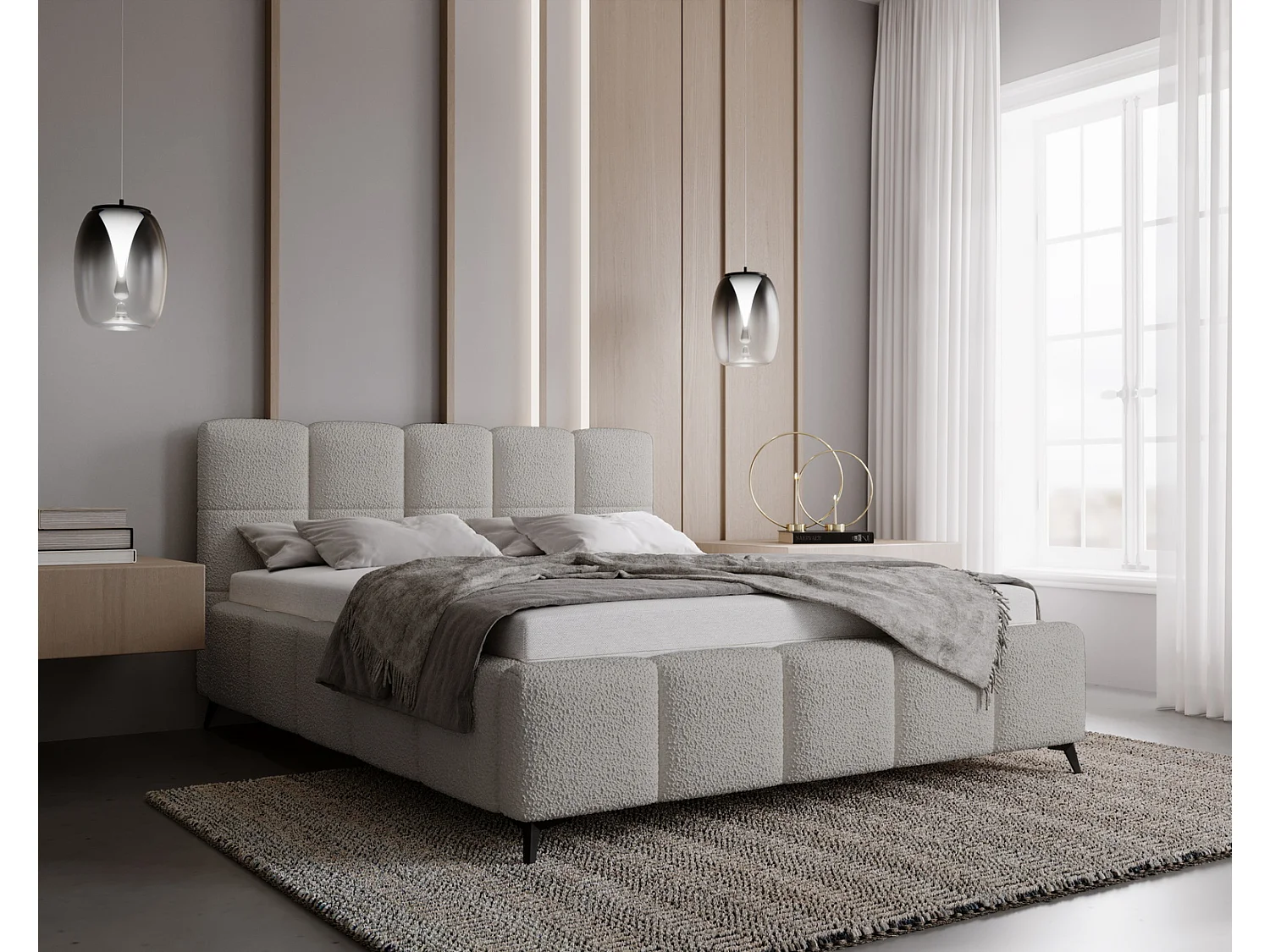 Emporius Gestoffeerd bed 140x200 met lattenbodem Kastilo - luxe bed, tweepersoonsbed Bouclé Lichtgrijs (Anthology 15)