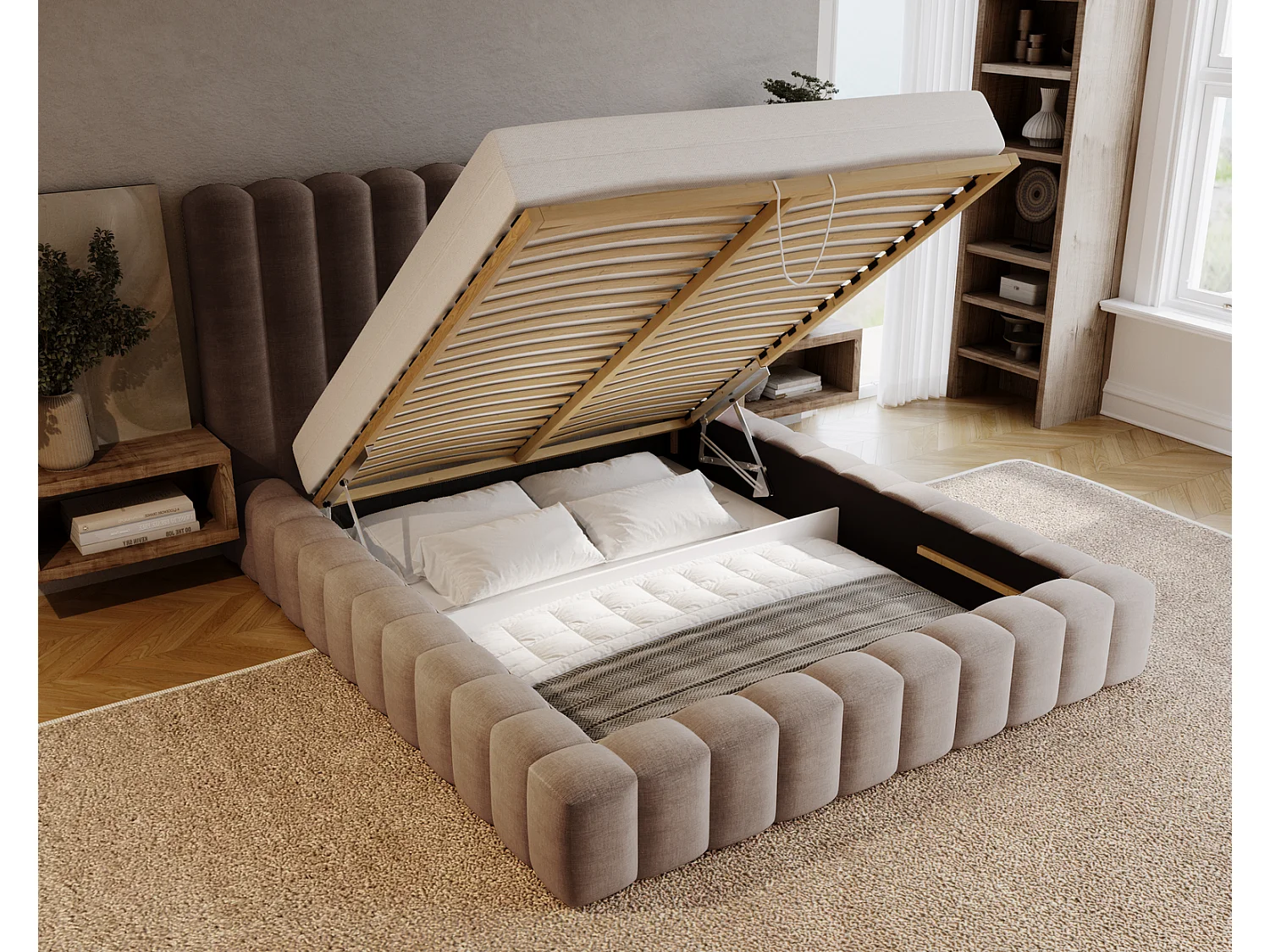 Emporius Gestoffeerd bed 180x200 cm Elise - bed 180 x 200 met opbergruimte, fluwelen Bruin (Ikoo 3)