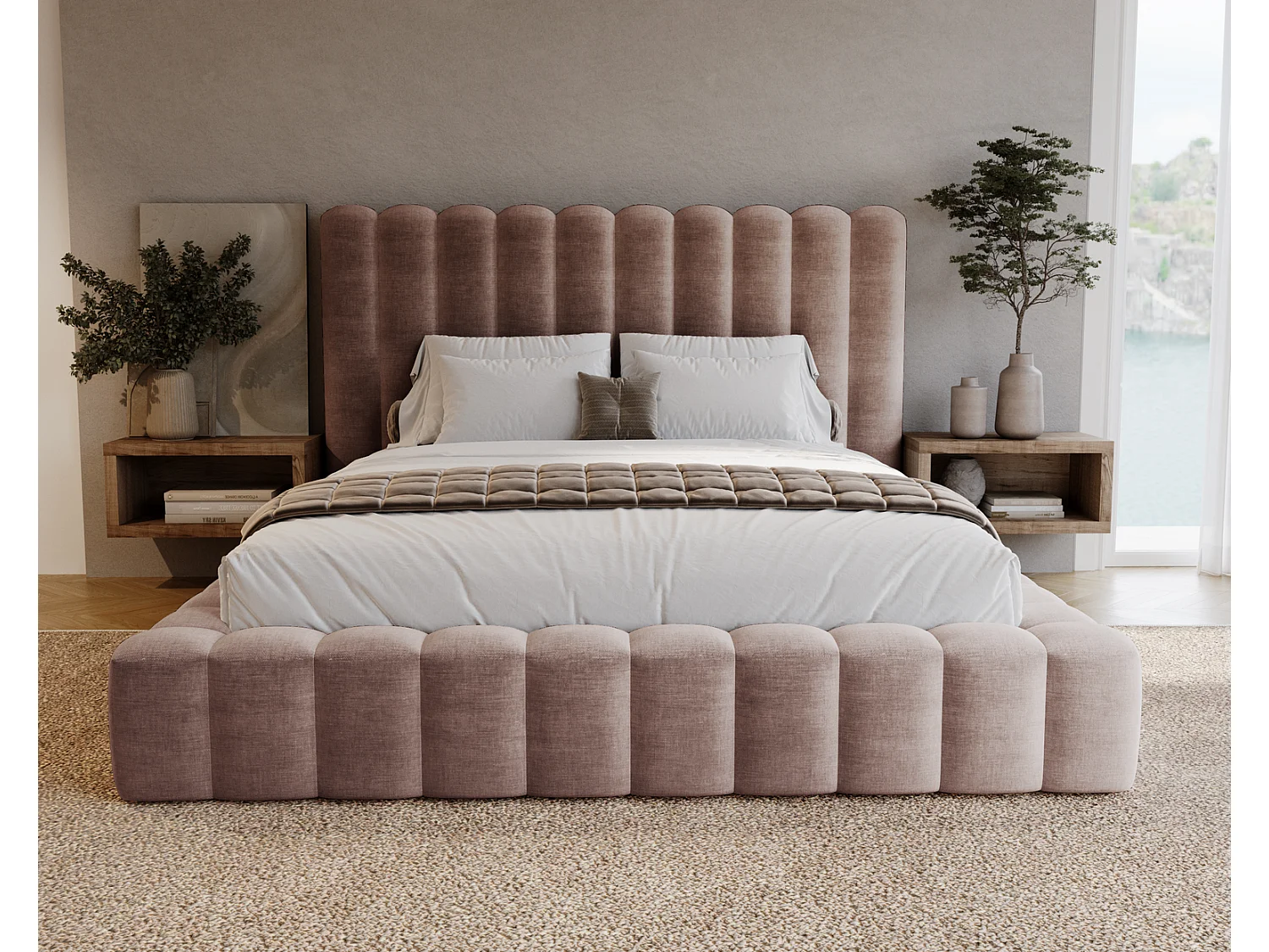 Emporius Polsterbett 160x200 Pearl, Doppelbett, Bettkasten, Lattenrost - Velvet Beige (Amor Velvet 4304)