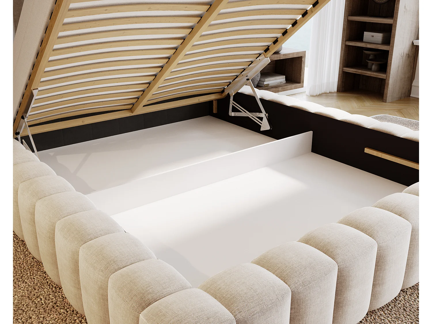 Emporius Lit double 180 x 200 Elise - Lit capitonné avec cadre, Rangement, Beige (Ikoo 1)