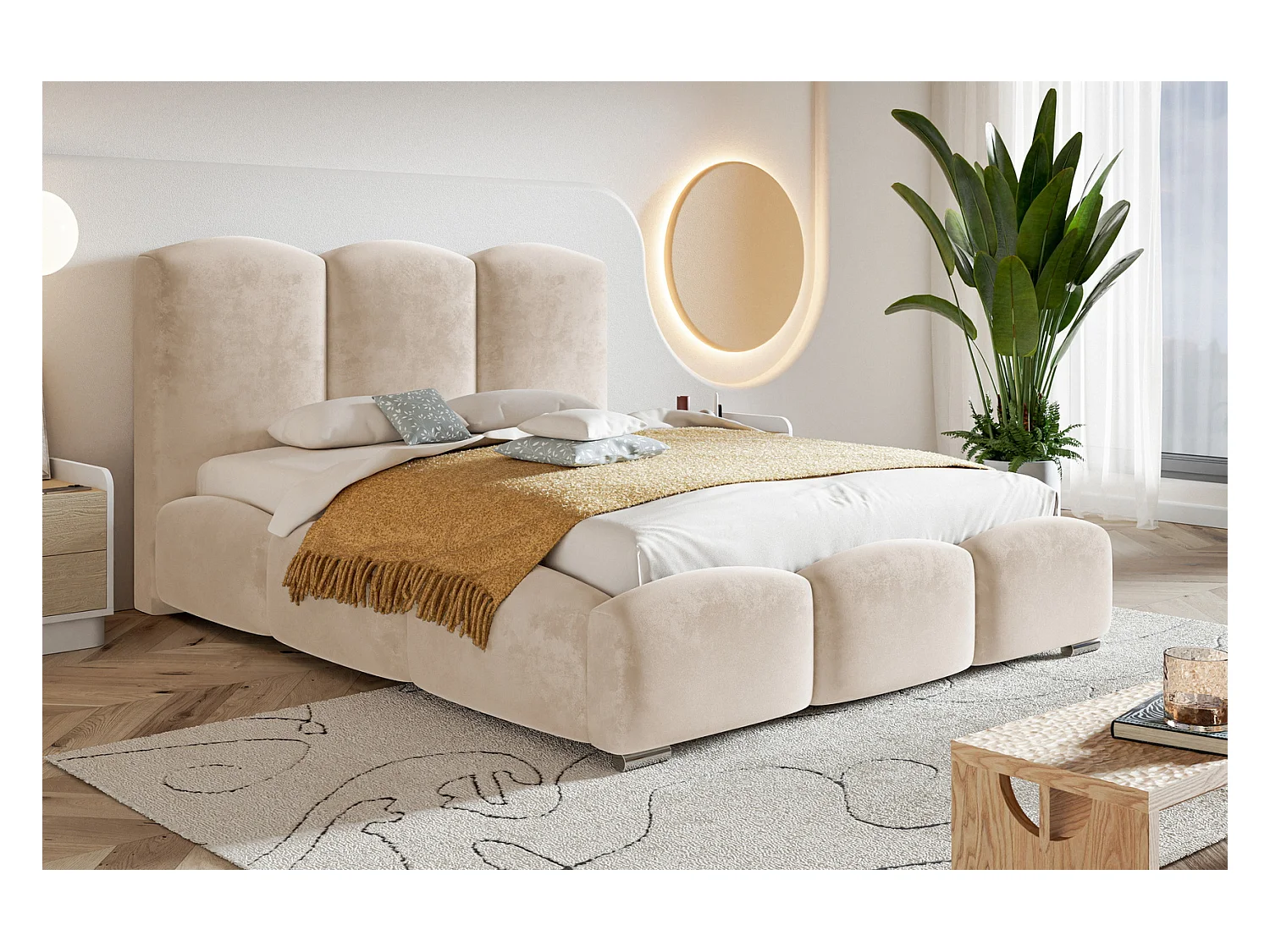 Emporius Gestoffeerd bed met opbergruimte 160x200 Roma - tweepersoonsbed 160 x 200, fluwelen Beige (Amor Velvet 4304)