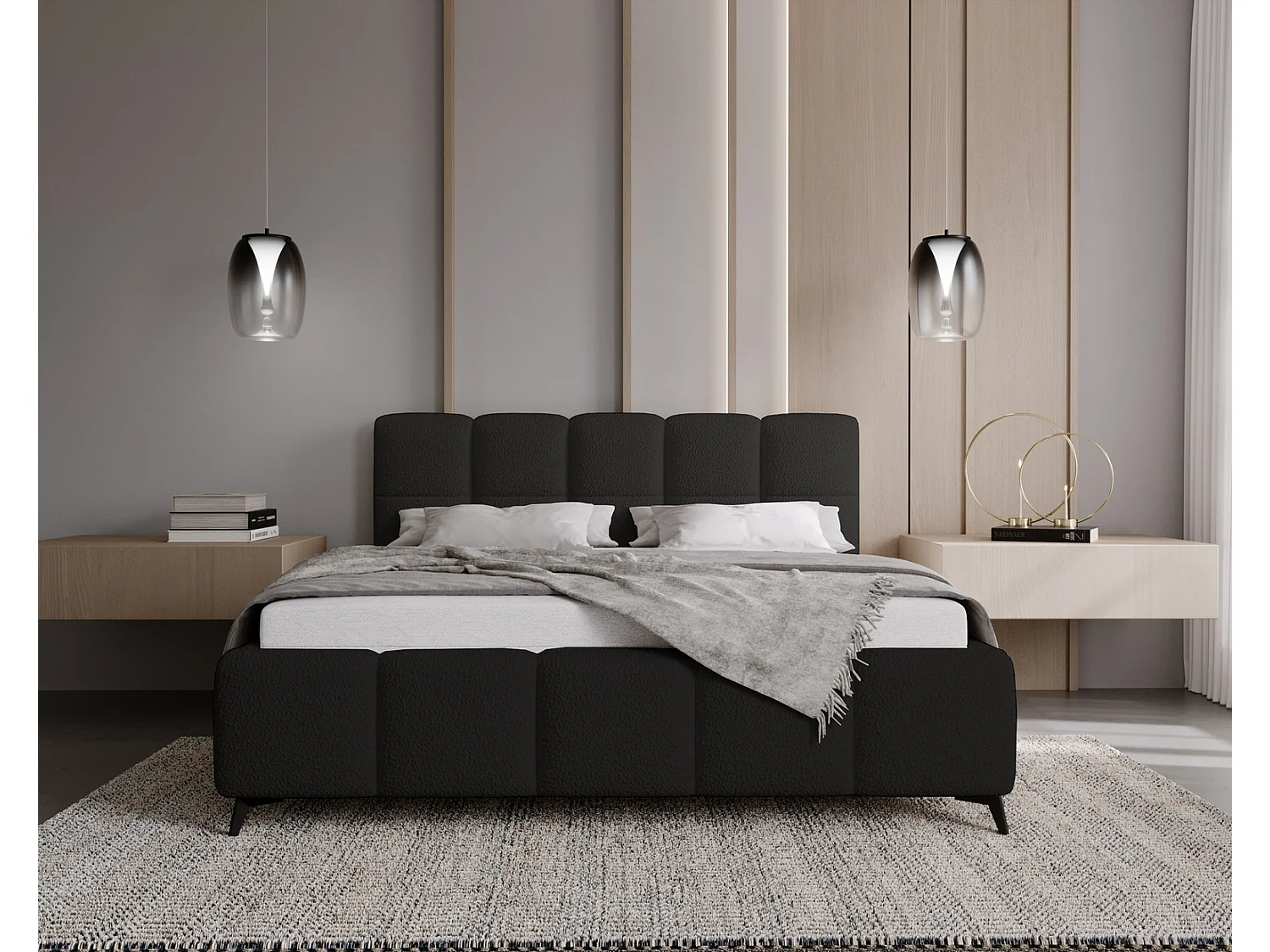 Emporius Gestoffeerd bed 200x200 met lattenbodem Kastilo - luxe bed, tweepersoonsbed Bouclé Zwart (Anthology 19)