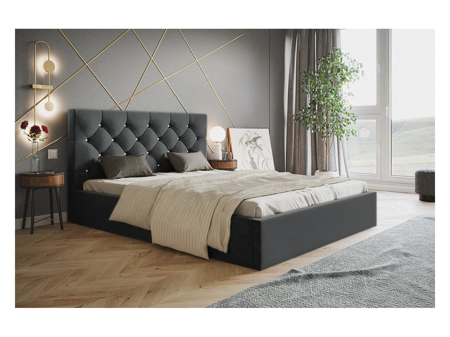 Emporius Lit double 160 x 200 Molly - Lit avec Rangment, Lit adulte Gris foncé (Amor Velvet 4321)