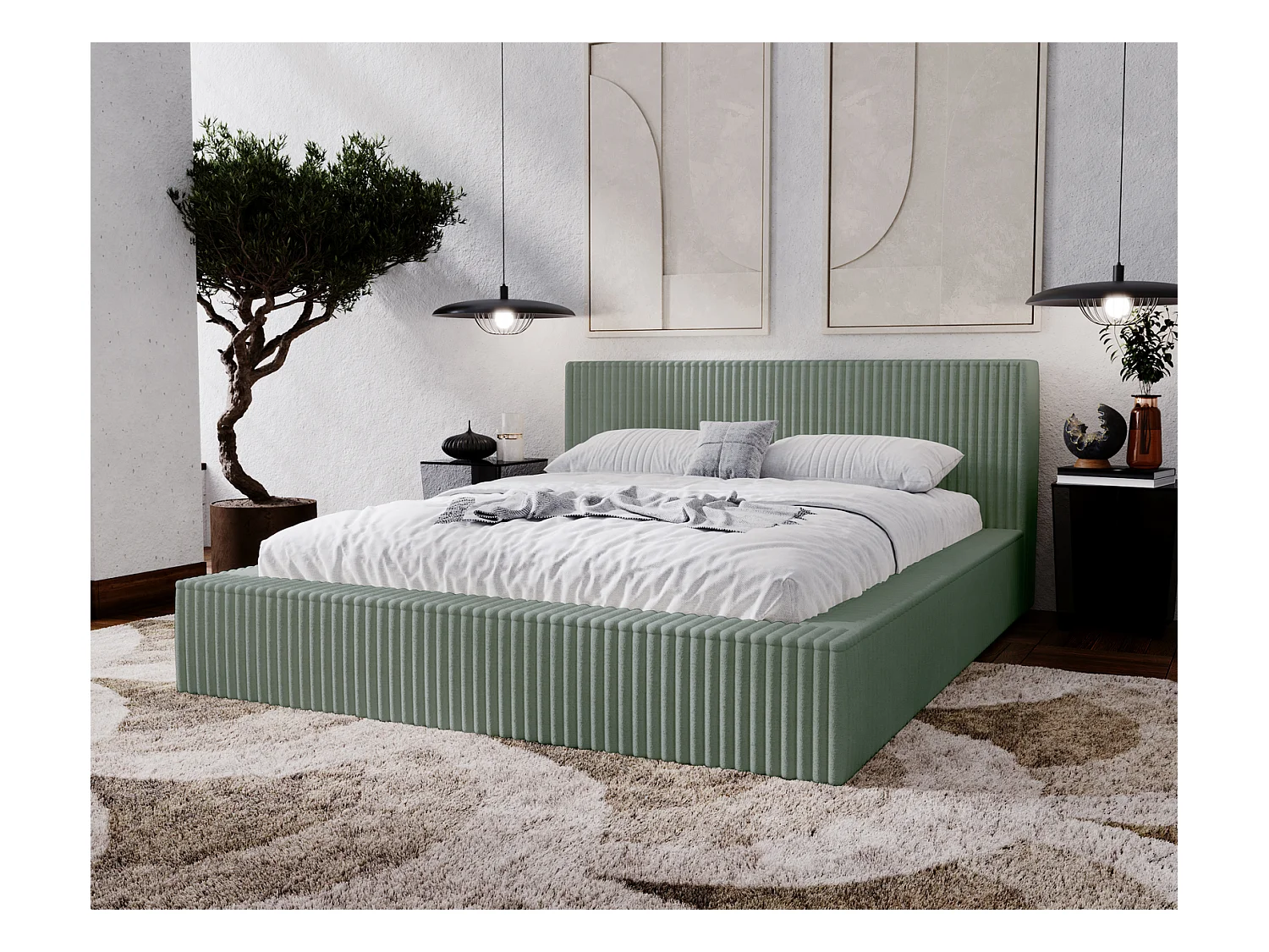 Emporius Lit avec cadre 200 x 200 Buffy - Lit capitonné avec Rangement, Tissu de fourrure, Vert (Vito 77)