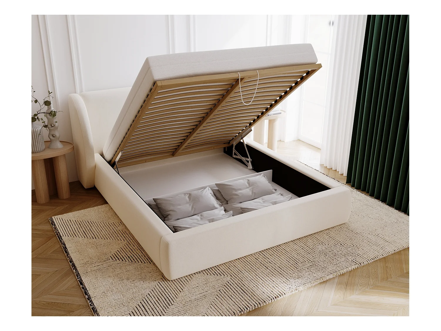 Emporius Lit double 160x200 Barcelona, Lit capitonné avec tête de lit arrondie, lit 160 x 200 Crème (Komodo 10)