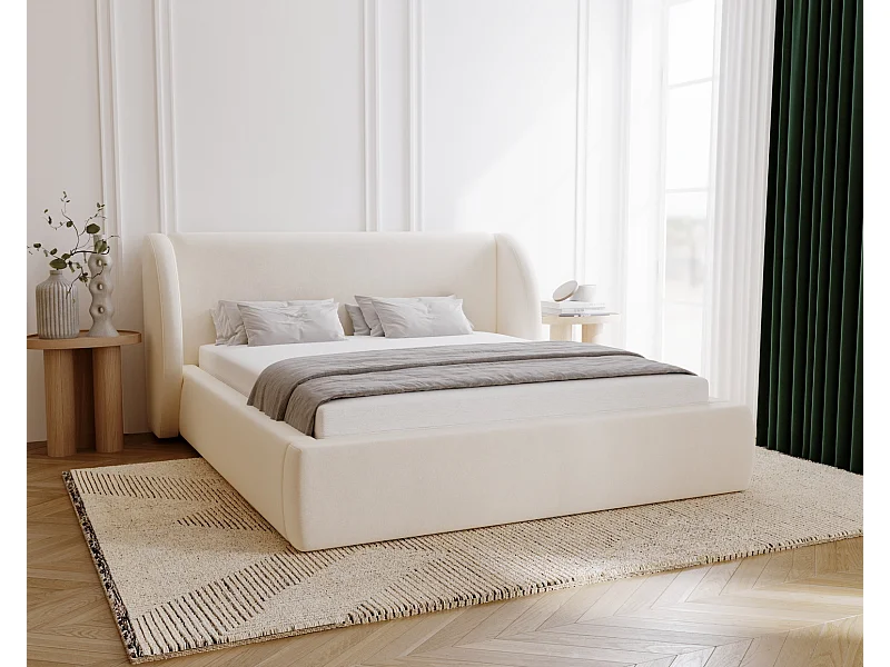 Emporius Gestoffeerd bed 160x200 cm Barcelona - opbergruimte, groot hoofdeinde, fluwelen Crème (Komodo 10)