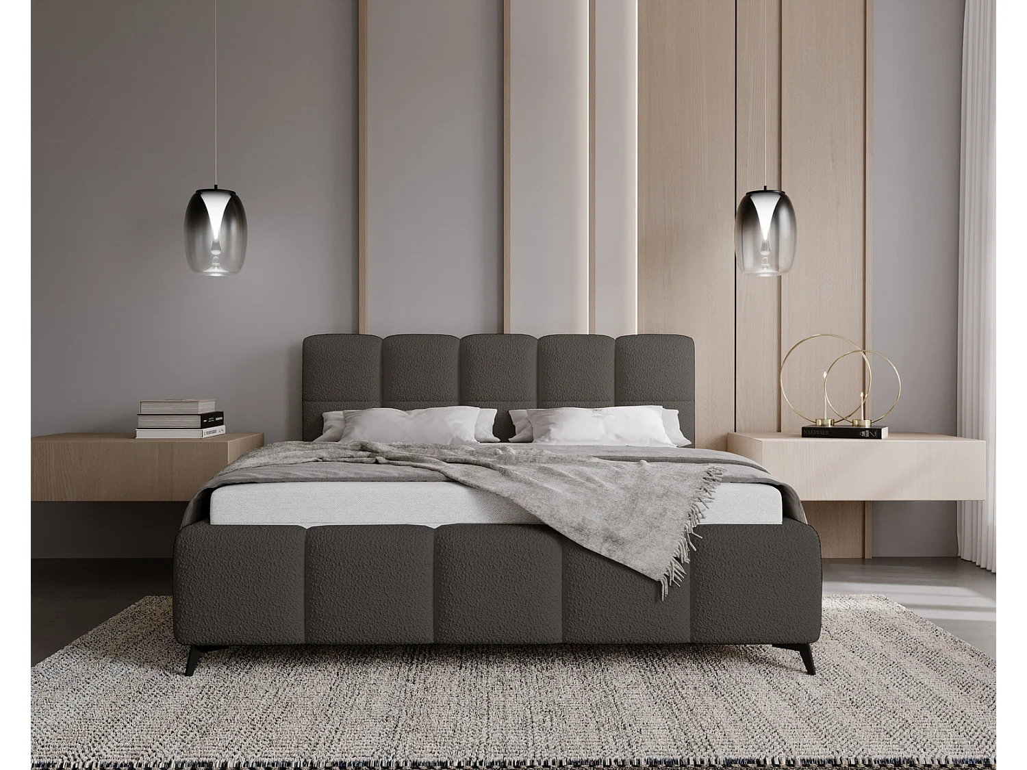 Emporius Lit double 200x200 Kastilo - Lit avec pieds, Sommier à Lattes,Tête de Lit, rangement - lit 200 x 200 Bouclé Gris foncé (Anthology 18)