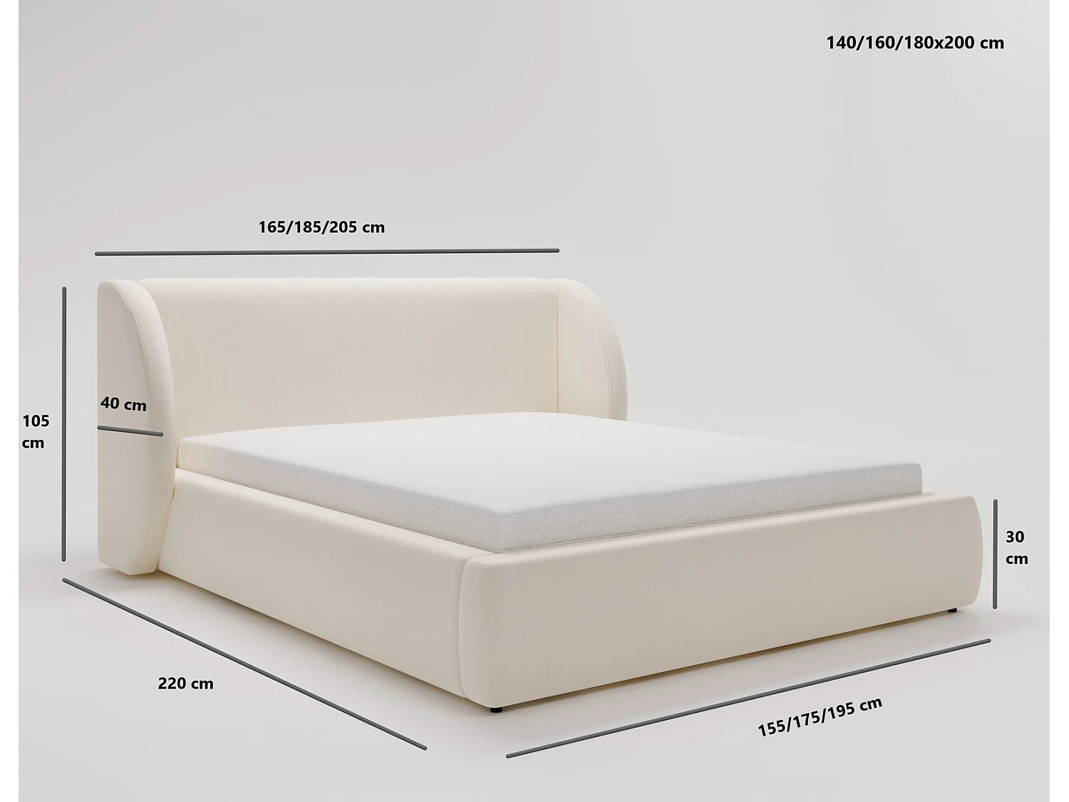 Emporius Lit double 180x200 Barcelona, Lit capitonné avec tête de lit arrondie, lit 180 x 200 Beige (Komodo 11)