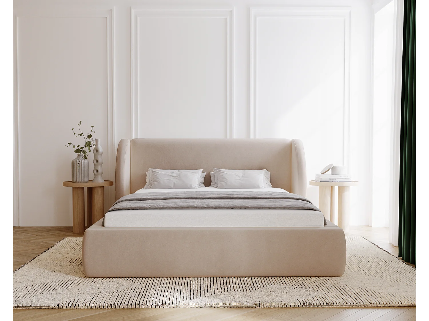 Emporius Gestoffeerd bed 180x200 cm Barcelona - opbergruimte, groot hoofdeinde, fluwelen Beige (Komodo 11)
