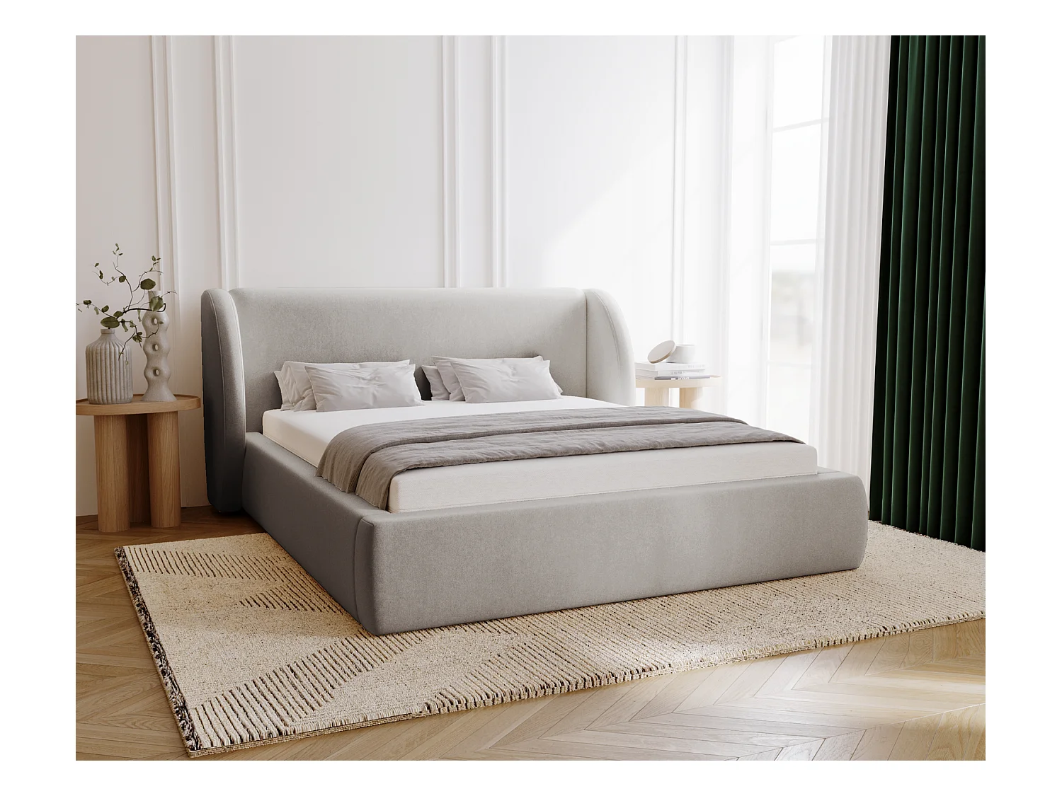 Emporius Lit double 140x200 Barcelona, Lit capitonné avec tête de lit arrondie, lit 140 x 200 Gris clair (Komodo 20)