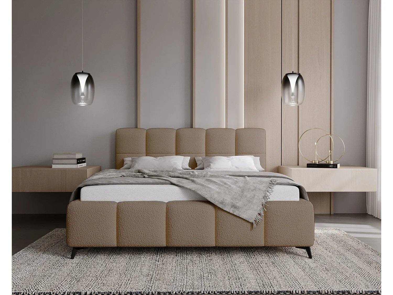 Emporius Lit double 140x200 Kastilo - Lit avec pieds, Sommier à Lattes,Tête de Lit, rangement - lit 140 x 200 Bouclé Beige (Anthology 4)