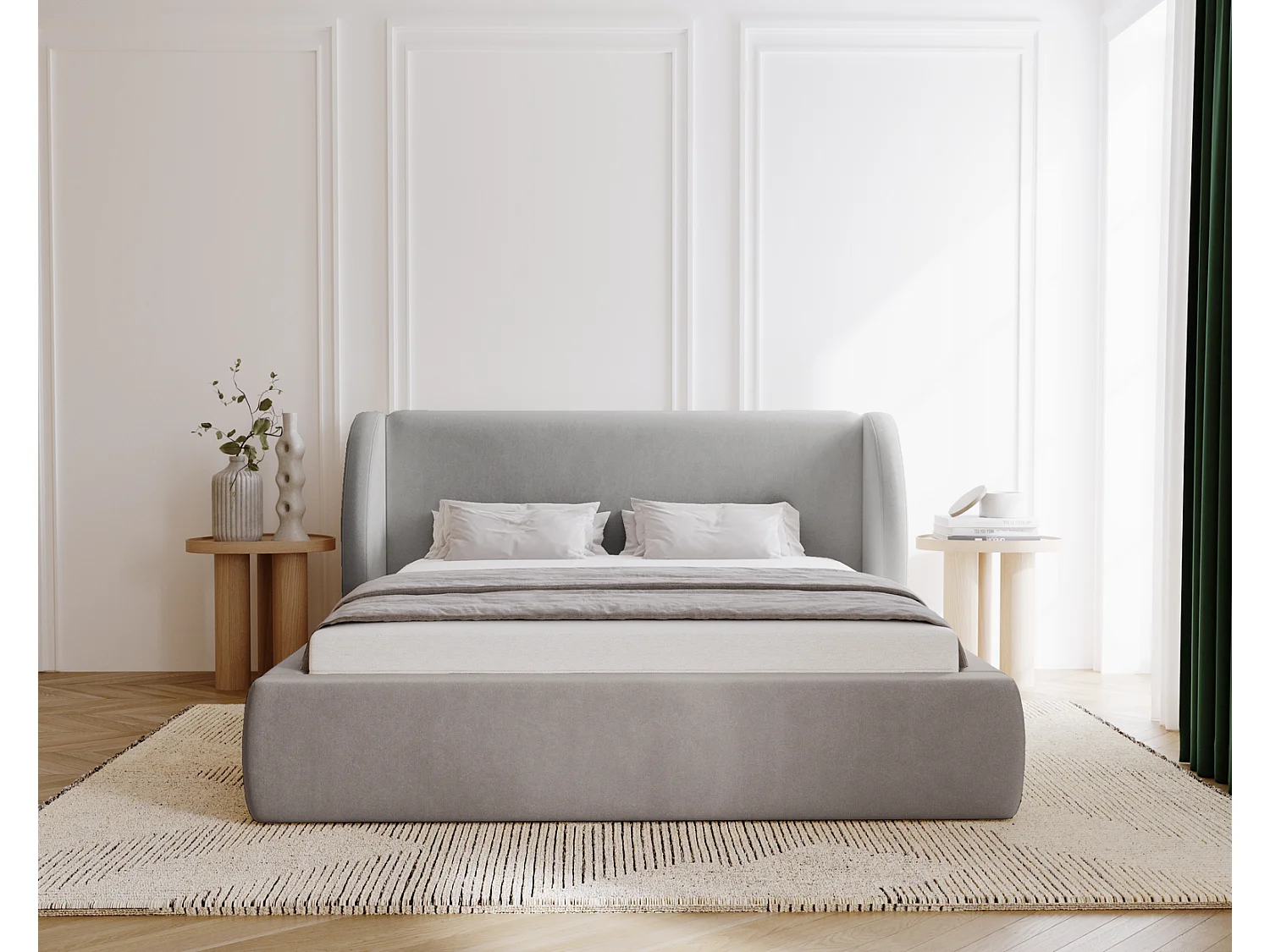 Emporius Lit double 160x200 Barcelona, Lit capitonné avec tête de lit arrondie, lit 160 x 200 Gris clair (Komodo 20)