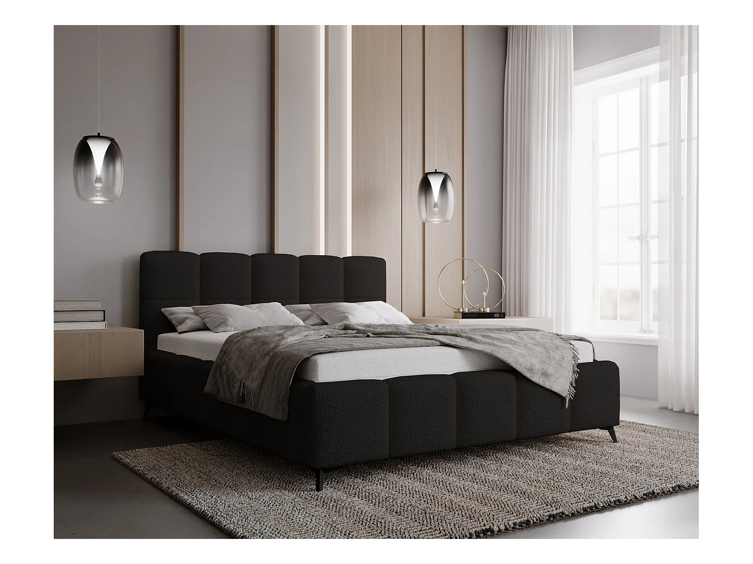 Emporius Lit double 140x200 Kastilo - Lit avec pieds, Sommier à Lattes,Tête de Lit, rangement - lit 140 x 200 Bouclé Noir (Anthology 19)