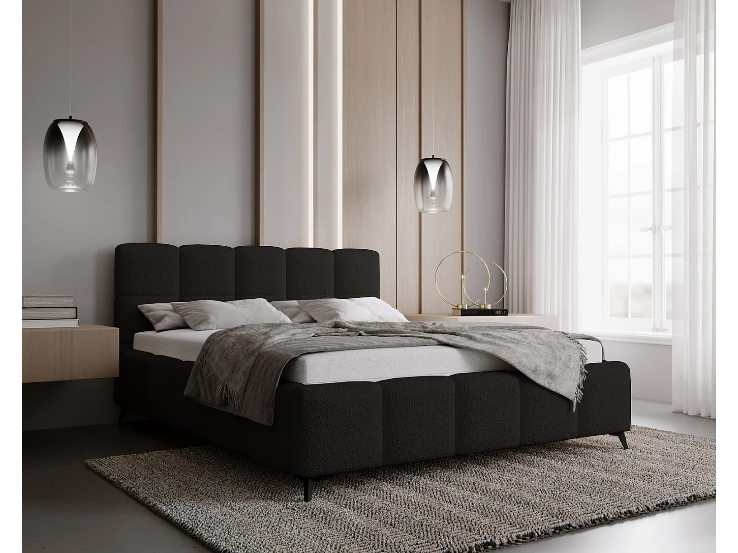 Emporius Gestoffeerd bed 140x200 met lattenbodem Kastilo - luxe bed, tweepersoonsbed Bouclé Zwart (Anthology 19)