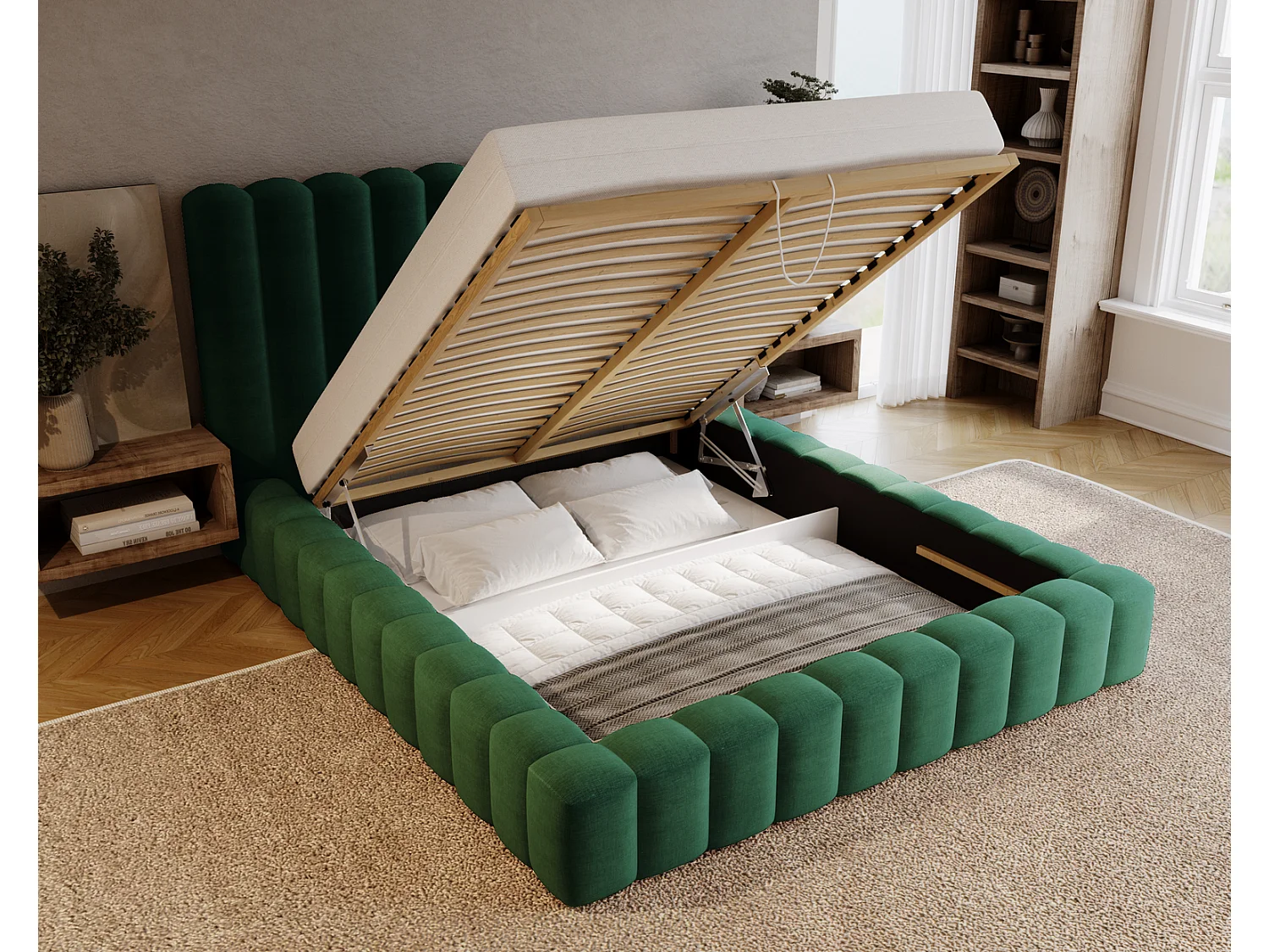 Emporius Lit double 160 x 200 Elise - Lit capitonné avec cadre, Rangement, Vert (Ikoo 13)