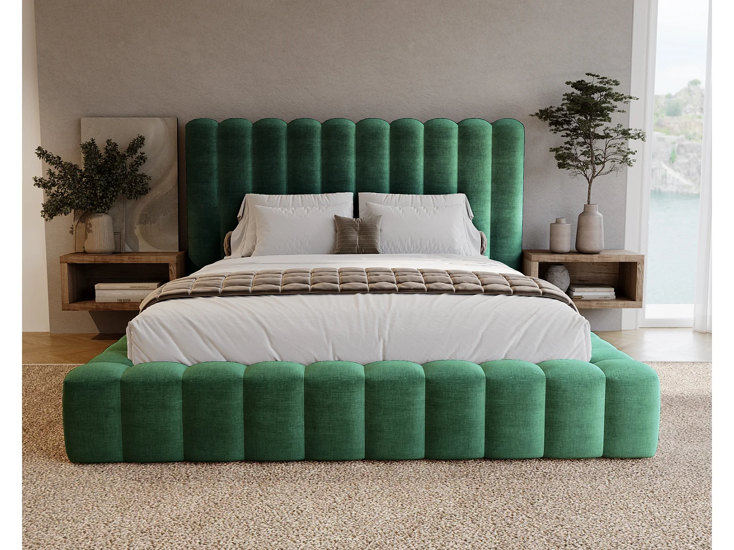 Emporius Polsterbett 140x200 Pearl, Doppelbett, Bettkasten, Lattenrost - Velvet Beige (Amor Velvet 4304)