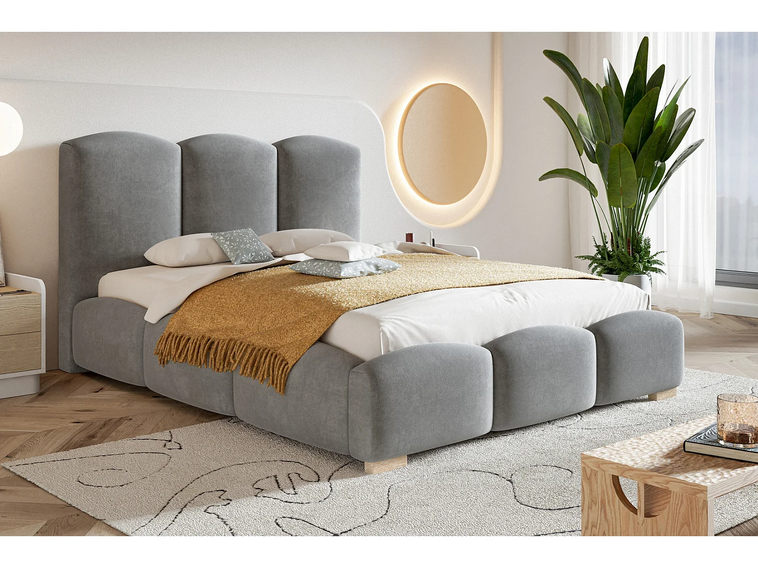 Emporius Lit 140x200 Roma, lit rembourrée avec Rangement, tête de lit, lit Gris clair 140 x 200 cm (Jasmine 90)