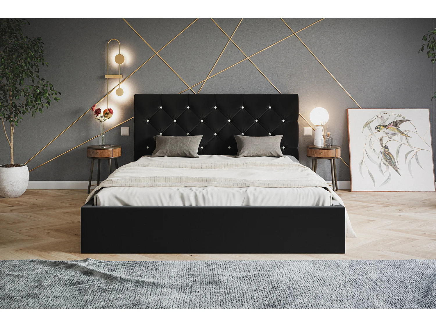 Emporius Lit double 180 x 200 Molly - Lit avec Rangment, Lit adulte Noir (Amor Velvet 4322)