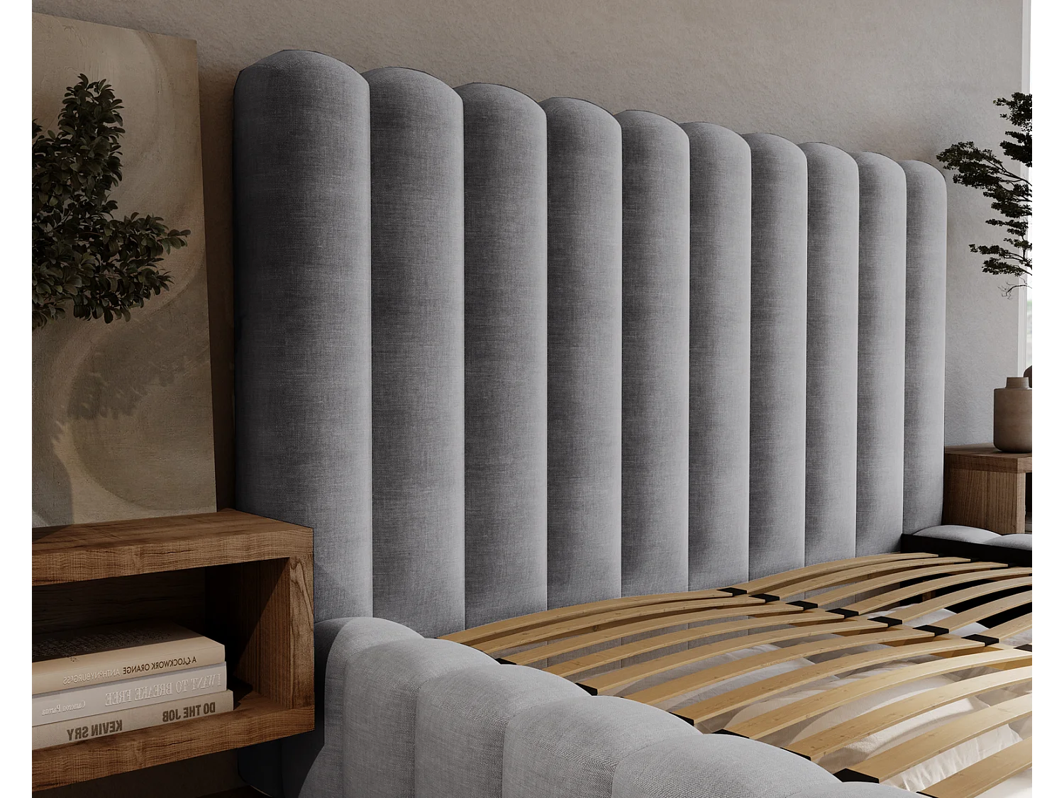 Emporius Lit double 180 x 200 Elise - Lit capitonné avec cadre, Rangement, Gris clair (Ikoo 19)